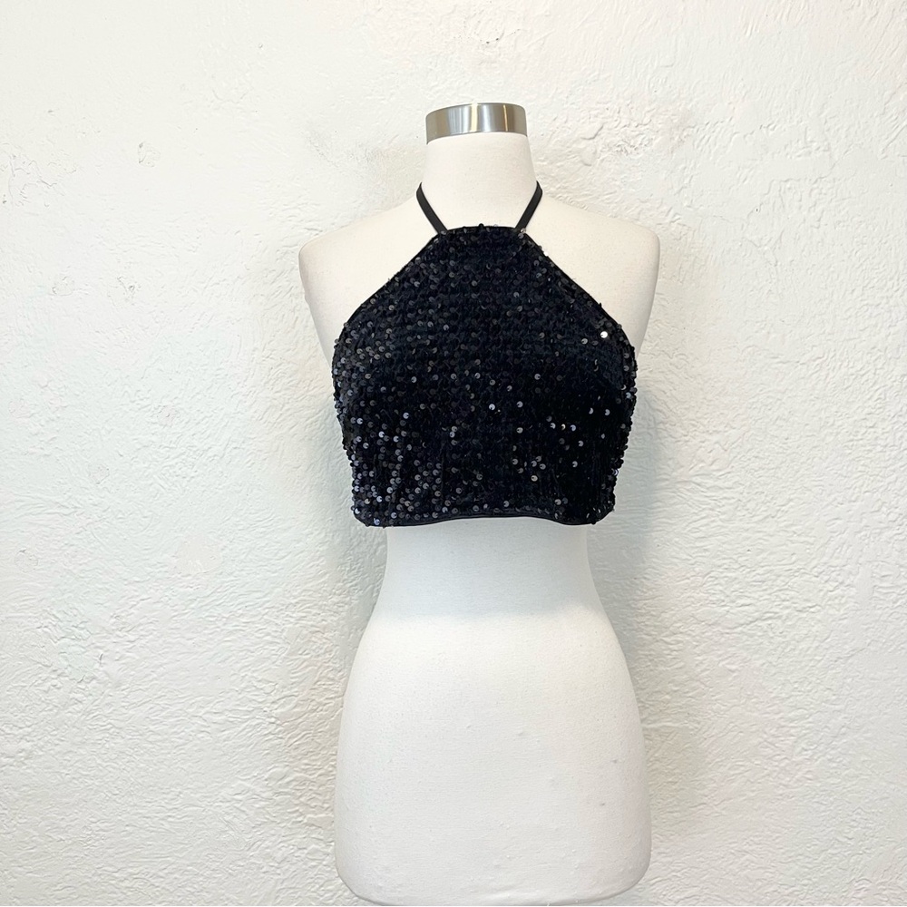 Black Velvet Sequin Cropped Halter Top Large L Whimsigoth Goth